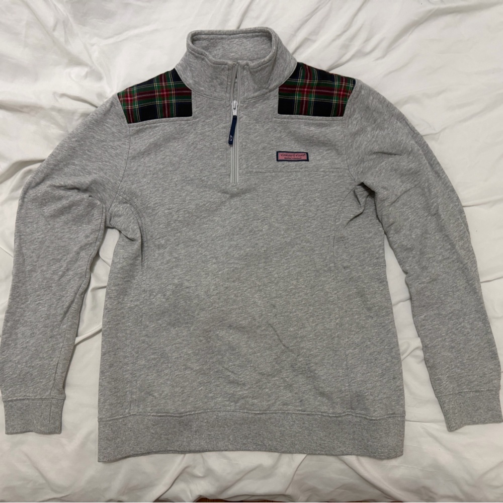 Vineyard Vines Gray Zip-Up Shep Shirt with Tartan Accents